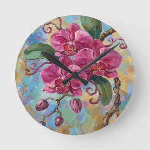 Relógio Redondo Pintura Floral de Orquídea Rosa