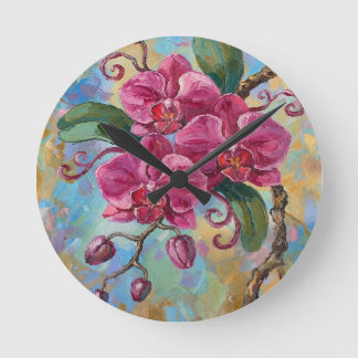 Relógio Redondo Pintura Floral de Orquídea Rosa