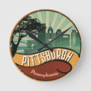 Relógio Redondo Pittsburgh City Skyline Retro Vintage Wall Clock