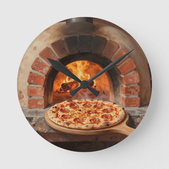 Relógio Redondo Pizza de Pepperoni Cozida a Lenha Rústica Italiana (Frente)