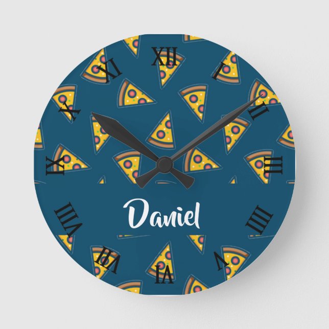Relógio Redondo Pizza padrão em azul (Frente)