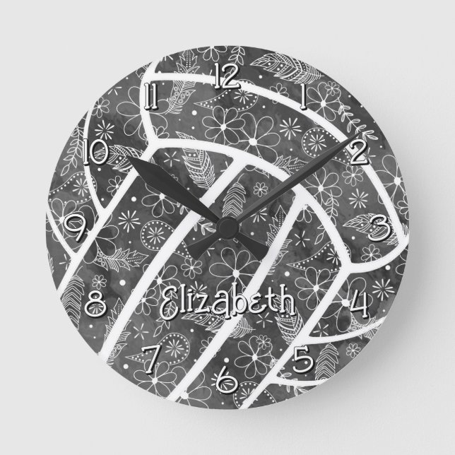 Relógio Redondo planalto de flores, vôlei de cinza preta (Frente)