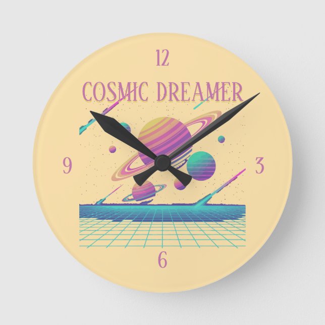 Relógio Redondo Planetas Retro Vaporwave Synthwave (Frente)