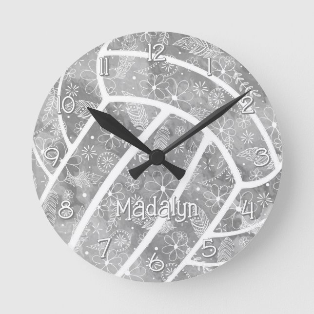 Relógio Redondo plenas de flores de vôlei cinza (Frente)