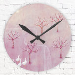 Relógio Redondo Pomar rosa com pintura paisagística em gansos<br><div class="desc">Um bando de gansos em um pomar de macieiras em primavera. Uma pintura de paisagem rosa suave e empoeirada. Arte original de Nic Squirrell.</div>