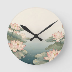 Relógio Redondo Pond de Flores de Lótus Rosa Serenidade Zen