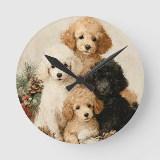 Relógio Redondo Poodle Puppies Vintage Christmas