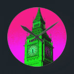 Relógio Redondo Pop Art Big Ben London Viagem cor-de-rosa verde<br><div class="desc">Fotografia do Viagem de Londres - Casas de Londres do Parlamento e Foto do Big Ben Art</div>