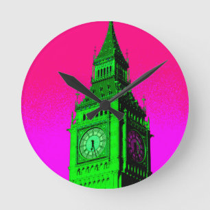 Relógio Redondo Pop Art Big Ben London Viagem cor-de-rosa verde
