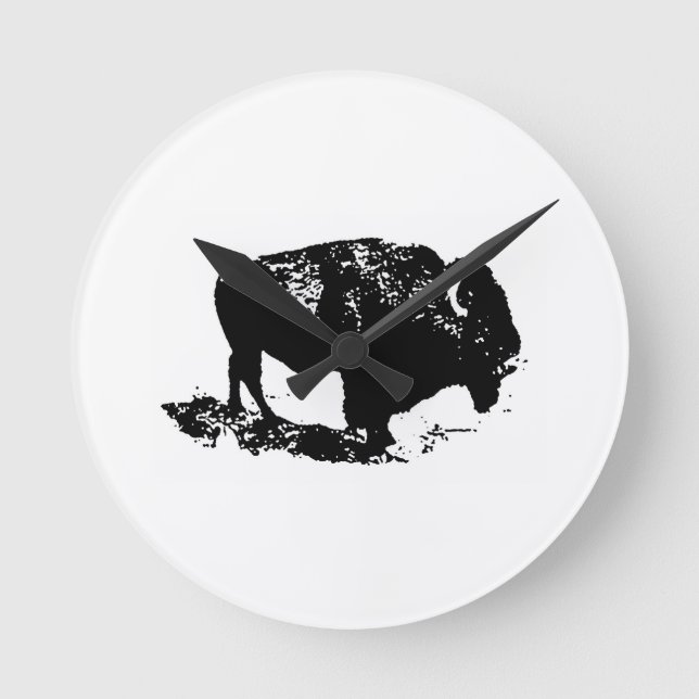 Relógio Redondo Pop Art Black White Buffalo Bison Silhouette (Frente)