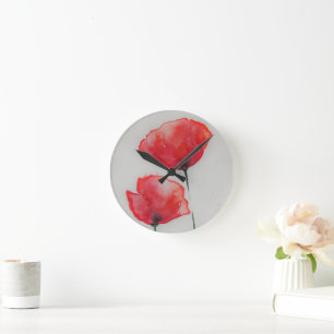 Relógio Redondo Poppies Russo Red Watercolor