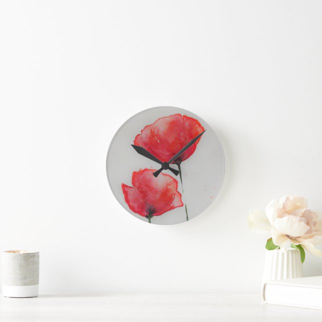 Relógio Redondo Poppies Russo Red Watercolor (Lar)