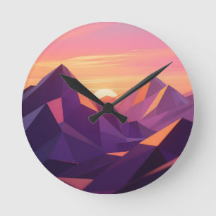 Relógio Redondo Pôr do Sol Geométrico de Montanha Low Poly