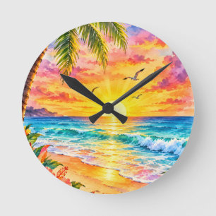 Relógio Redondo Pôr do Sol Paradisíaco Tropical Arte de Praia em A
