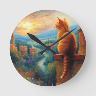 Relógio Redondo Pôr do Sol Toscano com um Gato Gengibre