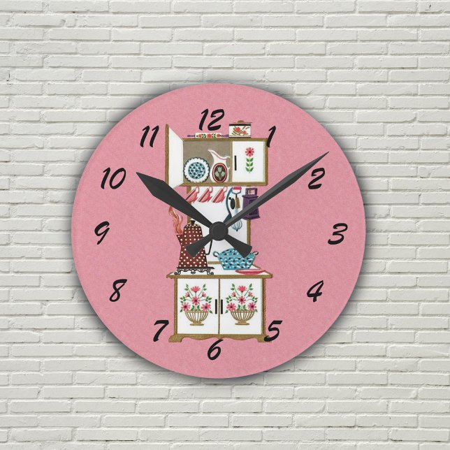 Relógio Redondo Pote retro antigo do café do fogão de cozinha do (Vintage white kitchen stove pots and pans flowers on pink wall clock.)