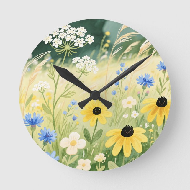 Relógio Redondo Prado Caprichoso de Flores Silvestres (Frente)