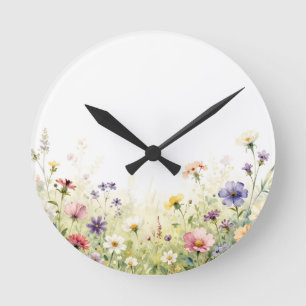 Relógio Redondo Prado Floral Pastel Bordado com Aquarela de Flores