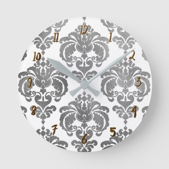 Relógio Redondo Prata e Branco Damask Glam Moderno Personalizado (Frente)