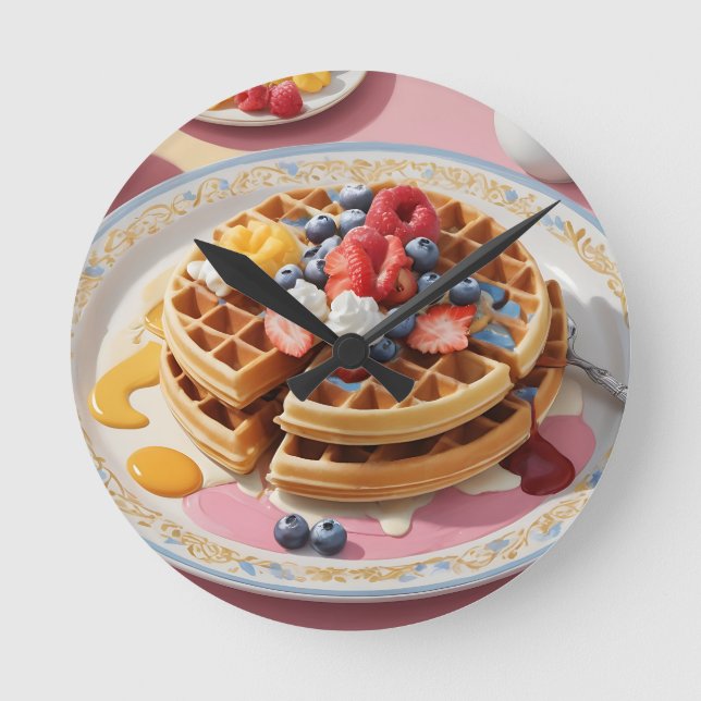 Relógio Redondo Prato de Café da Manhã Waffle de Frutas Vermelhas (Frente)