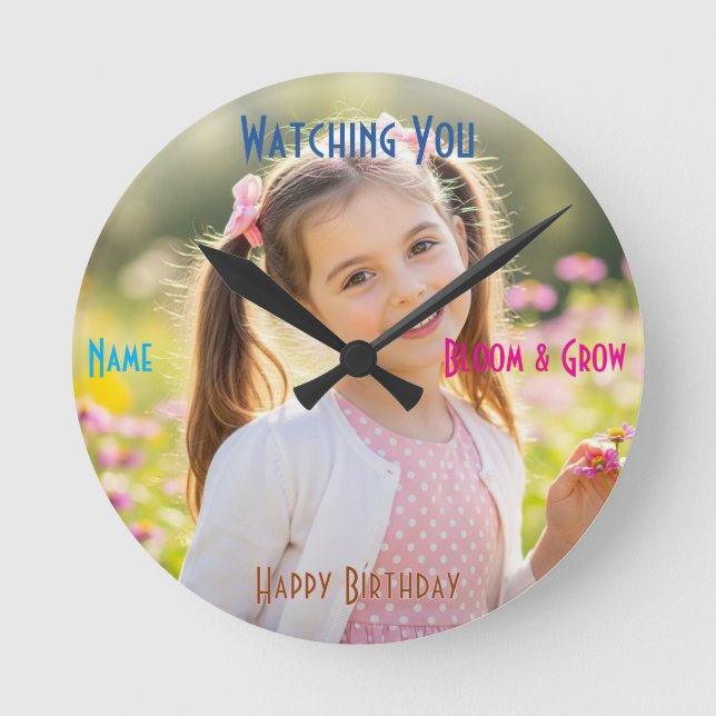 Relógio Redondo Presente de Aniversário Personalizado com Foto e T (Frente)