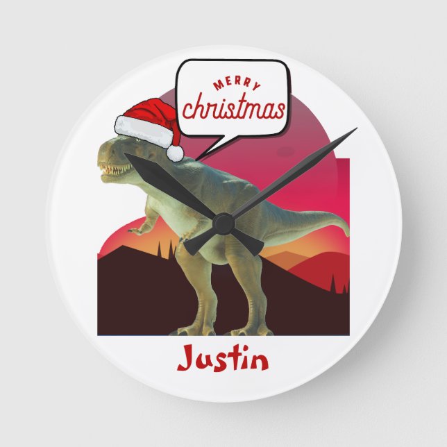 Relógio Redondo presente de natal de dinossauro, nome personalizad (Frente)
