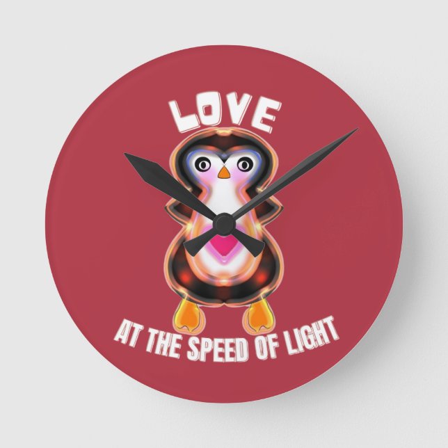 Relógio Redondo Presente de Pinguim Amor à Velocidade da Luz (Frente)