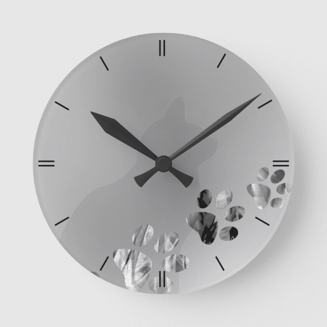 Relógio Redondo Preto & branco da pata do gato (Frente)