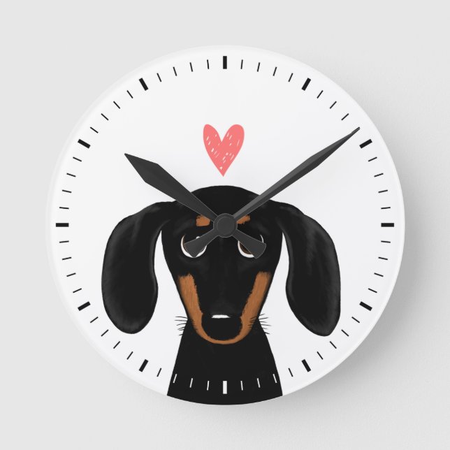 Relógio Redondo Preto-Cinto e Dachshund Tan com Coração (Frente)