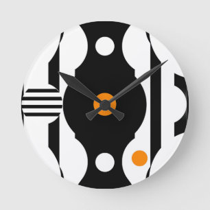 Relógio Redondo Preto Laranja Retro Mod Geométrico