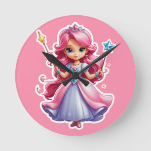 Relógio Redondo Princesa Rosa Com Mão Magia E Tiara