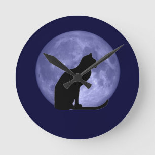 Relógio Redondo Pulso de disparo da lua azul de gato preto