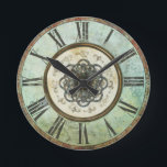 Relógio Redondo Pulso de disparo de parede redondo sujo do vintage<br><div class="desc">Olhar antigo do metal resistido. Numerais romanos de características de design,  luz - beira azul e flor center filigrana do metal. Nota:  Aparência Sculpted,  gravada,  gravada e dimensional dos efeitos,  mergulhada,  envelhecido ou corrmoída,  texturas e sombras conseguidas digital. O produto real tem uma superfície lisa.</div>