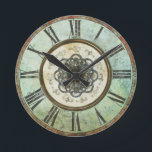 Relógio Redondo Pulso de disparo de parede redondo sujo do vintage<br><div class="desc">Olhar antigo do metal resistido. Numerais romanos de características de design,  luz - beira azul e flor center filigrana do metal. Nota:  Aparência Sculpted,  gravada,  gravada e dimensional dos efeitos,  mergulhada,  envelhecido ou corrmoída,  texturas e sombras conseguidas digital. O produto real tem uma superfície lisa.</div>