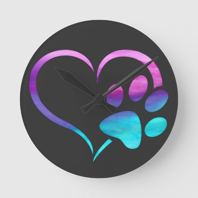 Relógio Redondo Purple Cyan Dog paw Print Heart  (Frente)