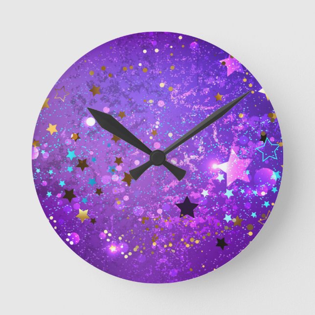 Relógio Redondo Purple foil background with Stars (Frente)