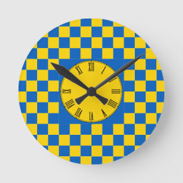 Relógio Redondo Quadrado de cores Azul e Amarelo / padrão xadrez R