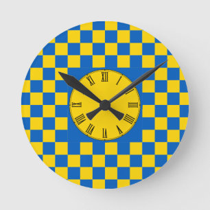Relógio Redondo Quadrado de cores azul e amarelo / padrão xadrez R