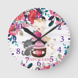 Relógio Redondo Quadrinhos Quimsos De Cartoon Floral Gatos Cupcake