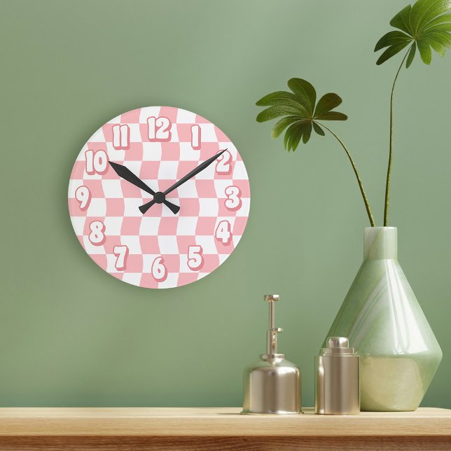 Relógio Redondo Quadro de controlo branco branco-branco retrorrefl (Retro Pastel Pink White Wavy Checkerboard Round Clock)