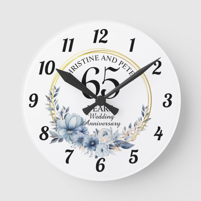 Relógio Redondo Qualquer Bodas (65) Floral Azul Elegante Aniversár (Frente)