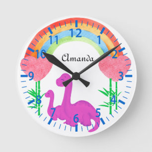 Relógio Redondo Quarto Temático de Dinossauro Feminino Personaliza