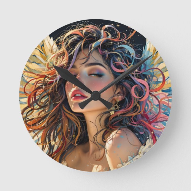 Relógio Redondo Radiação Celestial - Retrato Anjo Asas Arco-Íris (Frente)