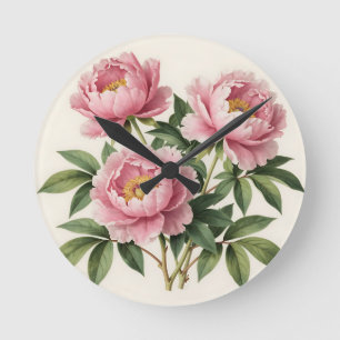 Relógio Redondo Ramalhete de Peônia Rosa Ilustração Botânica Vinta