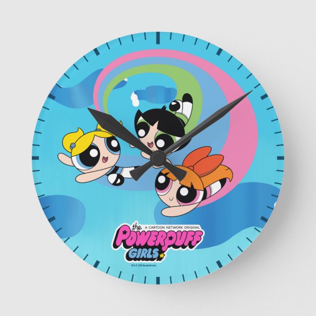 Relógio Redondo Raparigas Powerpuff Voam Através Do Céu (Frente)