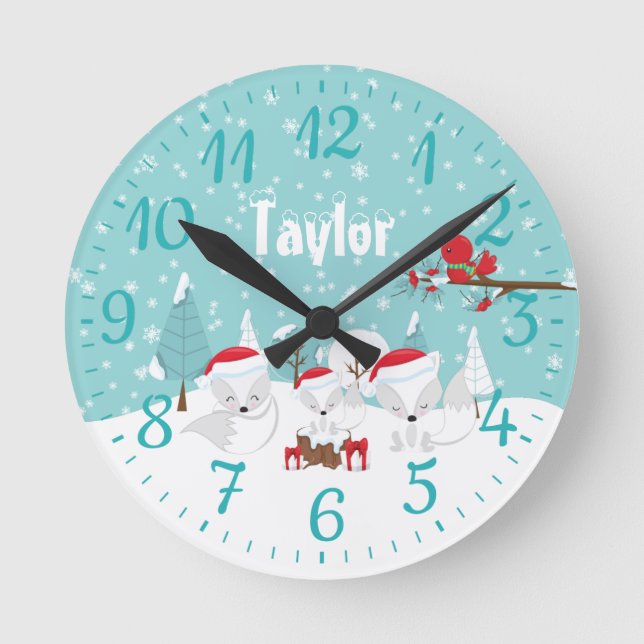 Relógio Redondo Raposas Árcticas de Woodland de Natal (Frente)