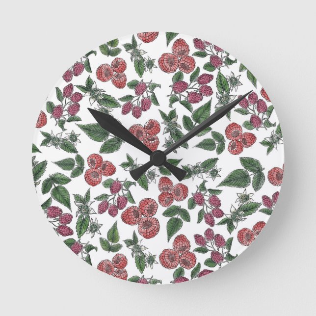 Relógio Redondo Raspberry Fruit Leaves Illustration Pattern (Frente)