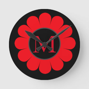 Relógio Redondo Red Floral Monogram Black Custom Name Abstract
