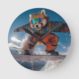 Relógio Redondo Red Panda Snowboard num Fato de Neve Colorido