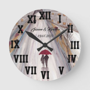 Relógio Redondo Red umbrella Love Casal Roman Numbers Wedding Rou